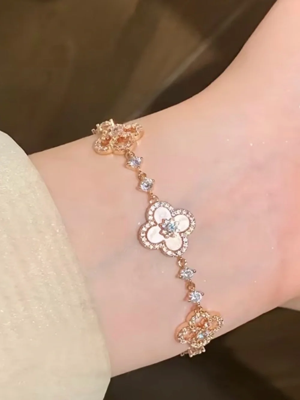 Van Cleef / Clover Rose Gold Pink Floral Charm Bracelet